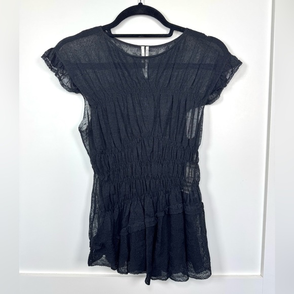 Anthropologie Black Mesh Short Sleeve Asymmetrical Top Size XS NWT